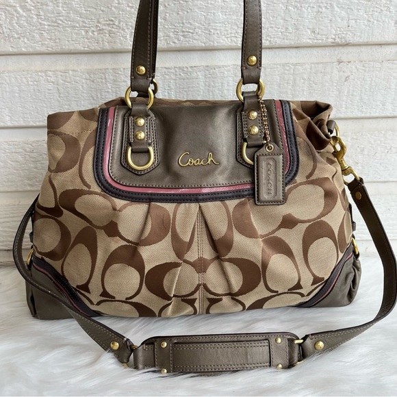 Coach Handbags - COACH Ashley Signature Brown Tote Satchel Shoulder Bag Majenta Trim